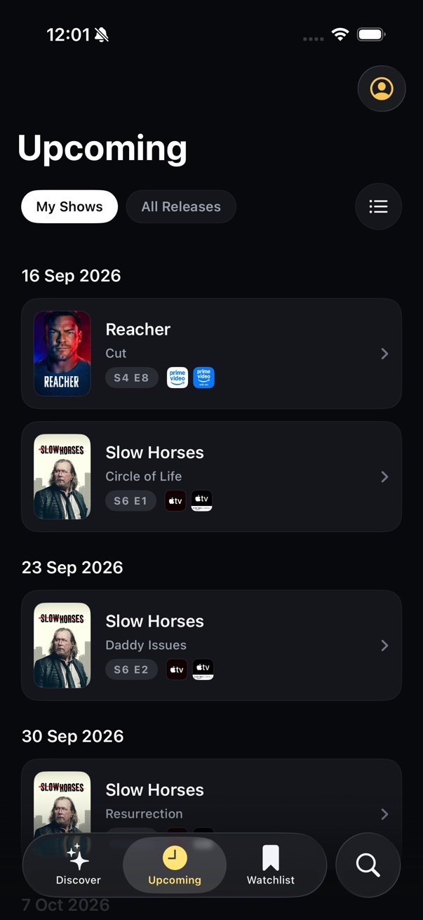 Watchlist Upcoming screen showing release dates for saved movies and TV shows